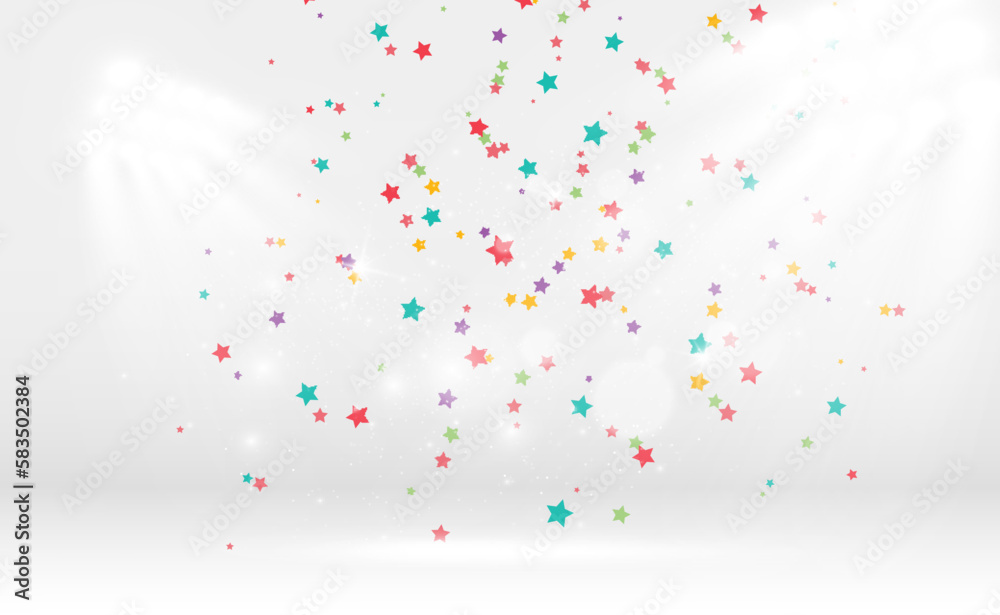 Poster Lots of colorful tiny confetti and ribbons on transparent background. Festive event and party. Multicolor background.Colorful bright confetti isolated on transparent background.