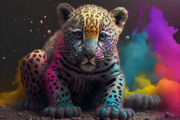Fototapeta premium Baby jaguar with vivid color bomb explosion backgrounds, cute and adorable animals, explosive colorful backgrounds, digital art. Generative AI