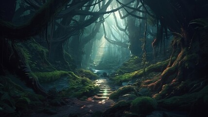 Fototapeta na wymiar Deep Forest Fantasy Backdrop, Concept Art, CG Artwork, Realistic Illustration with Generative AI 