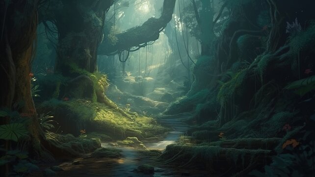 Deep Forest Fantasy Backdrop, Concept Art, CG Artwork, Realistic Illustration with Generative AI
