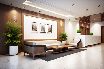 Fototapeta na wymiar Contemporary design of lobby area interior with wooden material. Generative ai illustration