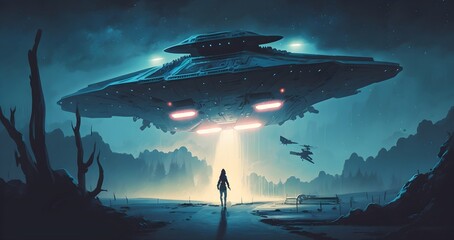 Sci-fi scene showing the spaceship abducting human at the night, digital art style, illustration painting, Generative AI