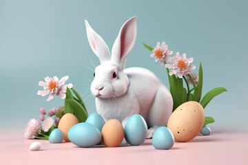 Easter Bunny with eggs and flowers.Generative AI