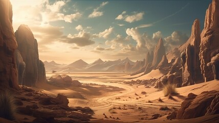 Desert Fantasy Backdrop, Concept Art, CG Artwork, Realistic Illustration with Generative AI
