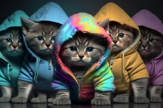 Group of baby kittens wearing plain color hoodies with vivid color bomb explosion backgrounds, cute and adorable animals, explosive colorful backgrounds, digital art. Generative AI