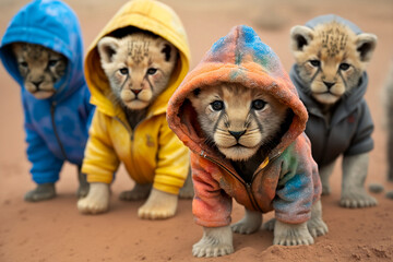 Group of baby lions wearing plain color hoodies with vivid color bomb explosion backgrounds, cute and adorable animals, explosive colorful backgrounds, digital art. Generative AI