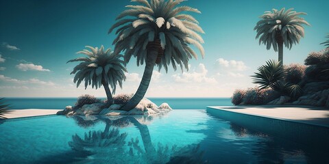 Fototapeta na wymiar Beautiful Caribbean resort with pool and sea views. Summer concept. Generative IA