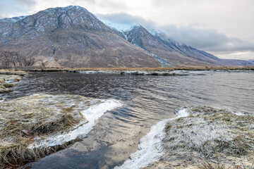 The meeting point of River Etive and the Loch Etive on a frosty morning in the Highlands, Scotland