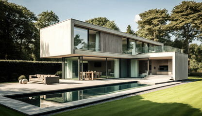 Fototapeta na wymiar Concrete and glass. Ultra-modern minimalistic style house design. Generative AI