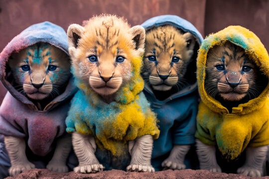 Baby lions wearing plain color hoodies with vivid color bomb explosion backgrounds, cute and adorable animals, explosive colorful backgrounds, digital art. Generative AI