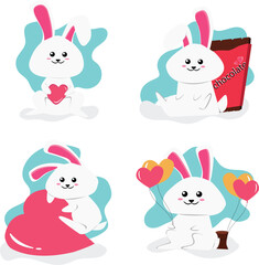 Cute cartoon white rabbits holding love hearts. Happy Valentine's day. Cartoon character design. Illustration isolated on blue background