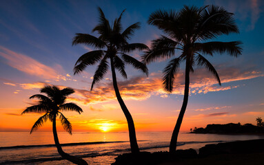 Beautiful Sunset on a Hawaiin beach with palm trees - obrazy, fototapety, plakaty