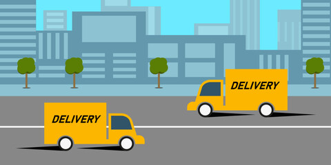 A design concept for delivering goods in a big city. Yellow delivery cars with parcels are rushing to the address. Flat vector illustration. eps10.