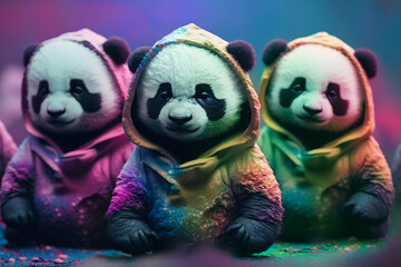 Baby pandas wearing plain color hoodies with vivid color bomb explosion backgrounds, cute and adorable animals, explosive colorful backgrounds, digital art. Generative AI