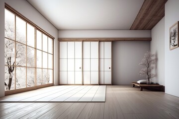 White, empty, and Japanese styled clean modern rooms. Generative AI