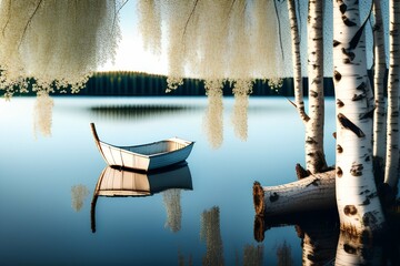 Beautiful landscape of white simple wooden boat tied to a birch on the lake. Beautiful summer day in nature. - generative ai
