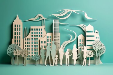 Happy Family In The City, Paper Quilling, Eco concept, Green Power, Generative AI