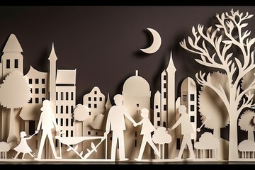 Happy Family In The City, Paper Quilling, Eco concept, Green Power, Generative AI