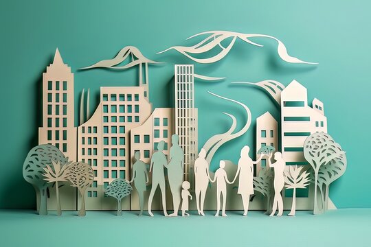 Happy Family In The City, Paper Quilling, Eco concept, Green Power, Generative AI