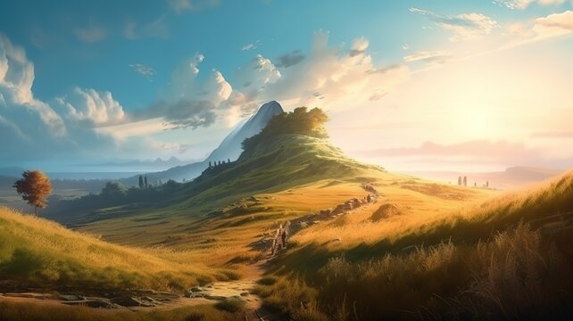 The Hill Fantasy Backdrop, Concept Art, CG Artwork, Realistic Illustration with Generative AI
