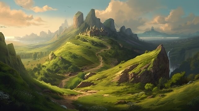 The Hill Fantasy Backdrop, Concept Art, CG Artwork, Realistic Illustration with Generative AI
