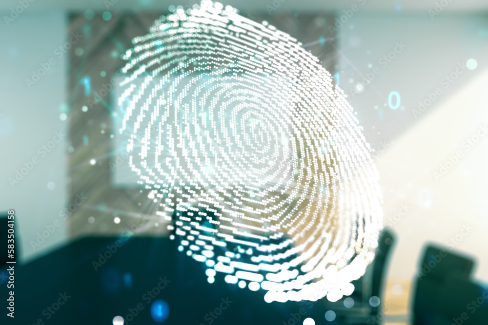 Aufkleber multi exposure of virtual abstract fingerprint illustration on a modern conference room background, 
