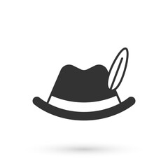 Grey Oktoberfest hat icon isolated on white background. Hunter hat with feather. German hat. Vector
