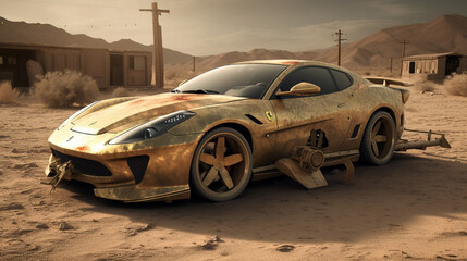 Fototapeta na wymiar Post-Apocalyptic Supercar with Integrated Weapons, Ai generaitive