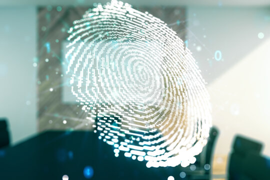 Multi exposure of virtual abstract fingerprint illustration on a modern conference room background, digital access concept