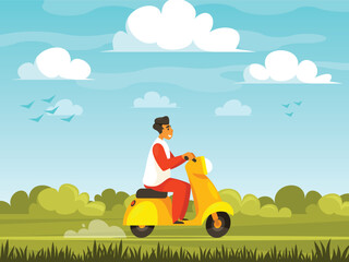 Man rides a motor scooter along a path that runs through a green field. Cartoon simple nature background with lawn, path, bushes and cloudy sky. Vector graphics