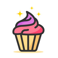 Cupcake icon on light background. Muffin, sweets, birthday, event. Outline, flat and colored style. Flat design. Vector illustration