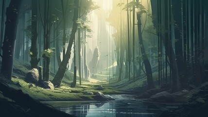 Bamboo Forest Fantasy Backdrop, Concept Art, CG Artwork, Realistic Illustration with Generative AI
