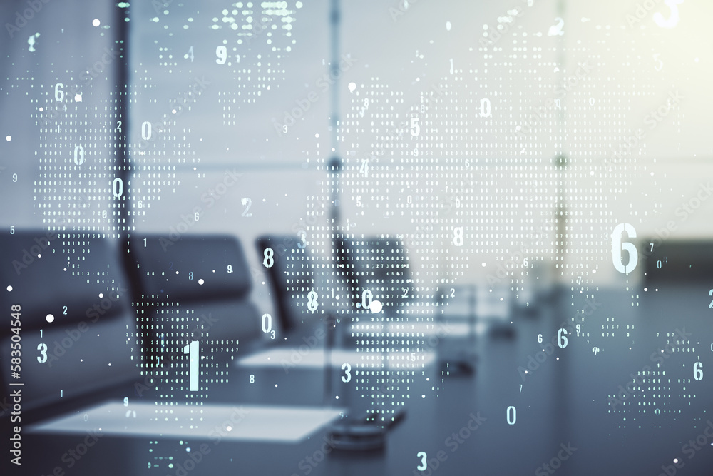 Aufkleber abstract virtual coding concept and world map hologram on a modern conference room background. multi