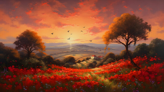 sunset in the mountains Painting of a beautiful Tuscan coline landscape with red wild flowers and singular cosmic trees, multicolored birds float 