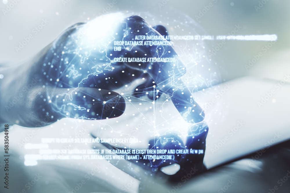 Aufkleber multi exposure of abstract software development hologram with world map and finger presses on a digi