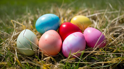 Fototapeta na wymiar Easter eggs in grass. Generative AI