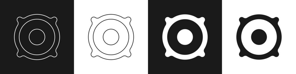 Set Stereo speaker icon isolated on black and white background. Sound system speakers. Music icon. Musical column speaker bass equipment. Vector