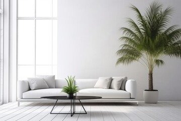 Interior of white modern minimalism with couch, sofa, palm trees, and coffee tables. mock up for an illustration. Generative AI