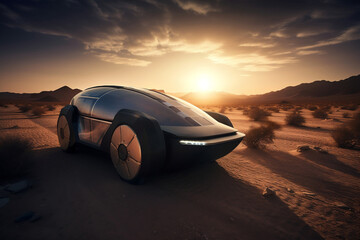 Fototapeta na wymiar Solar powered car in a desert. Generative AI