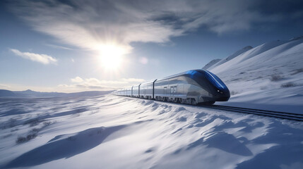 Naklejka na ściany i meble Solar powered train moving across arctic landscape. Generative AI