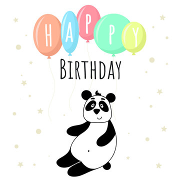 Happy birthday baby card. Congratulation for child template. Cute panda with balloons and inscription. Holiday card or party invitation, flat vector illustration