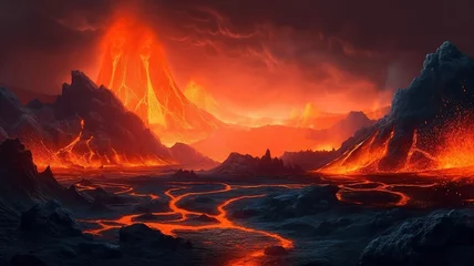Fotobehang Lava Volcano Fantasy Backdrop, Concept Art, CG Artwork, Realistic Illustration with Generative AI  © YandiDesigns