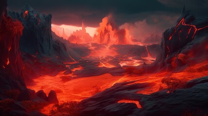 Lava Volcano Fantasy Backdrop, Concept Art, CG Artwork, Realistic Illustration with Generative AI

