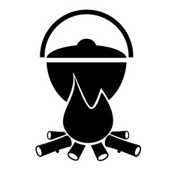 Vector illustration, logo, icon for travel and leisure. Wildlife and tourism. Cooking food on a campfire. Isolated on a white background.