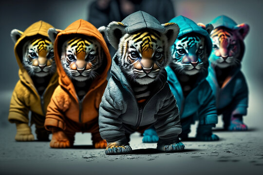 Group of baby tigers wearing plain color hoodies with vivid color bomb explosion backgrounds, cute and adorable animals, explosive colorful backgrounds, digital art. Generative AI