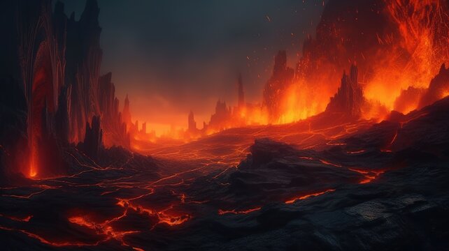 Lava Volcano Fantasy Backdrop, Concept Art, CG Artwork, Realistic Illustration with Generative AI
