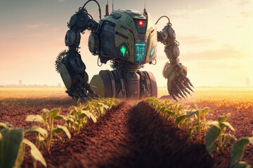 Obraz premium a robotic farmer tending to a field of crops - Generative AI