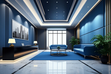 Futuristic blue lobby room with futuristic sofa and furniture’s. Generative ai illustration