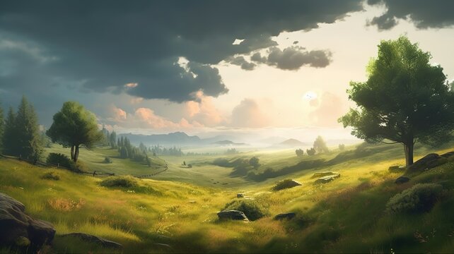 Meadow Fantasy Backdrop, Concept Art, CG Artwork, Realistic Illustration with Generative AI
