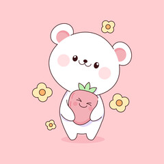 Cute white teddy bear kawaii with strawberry